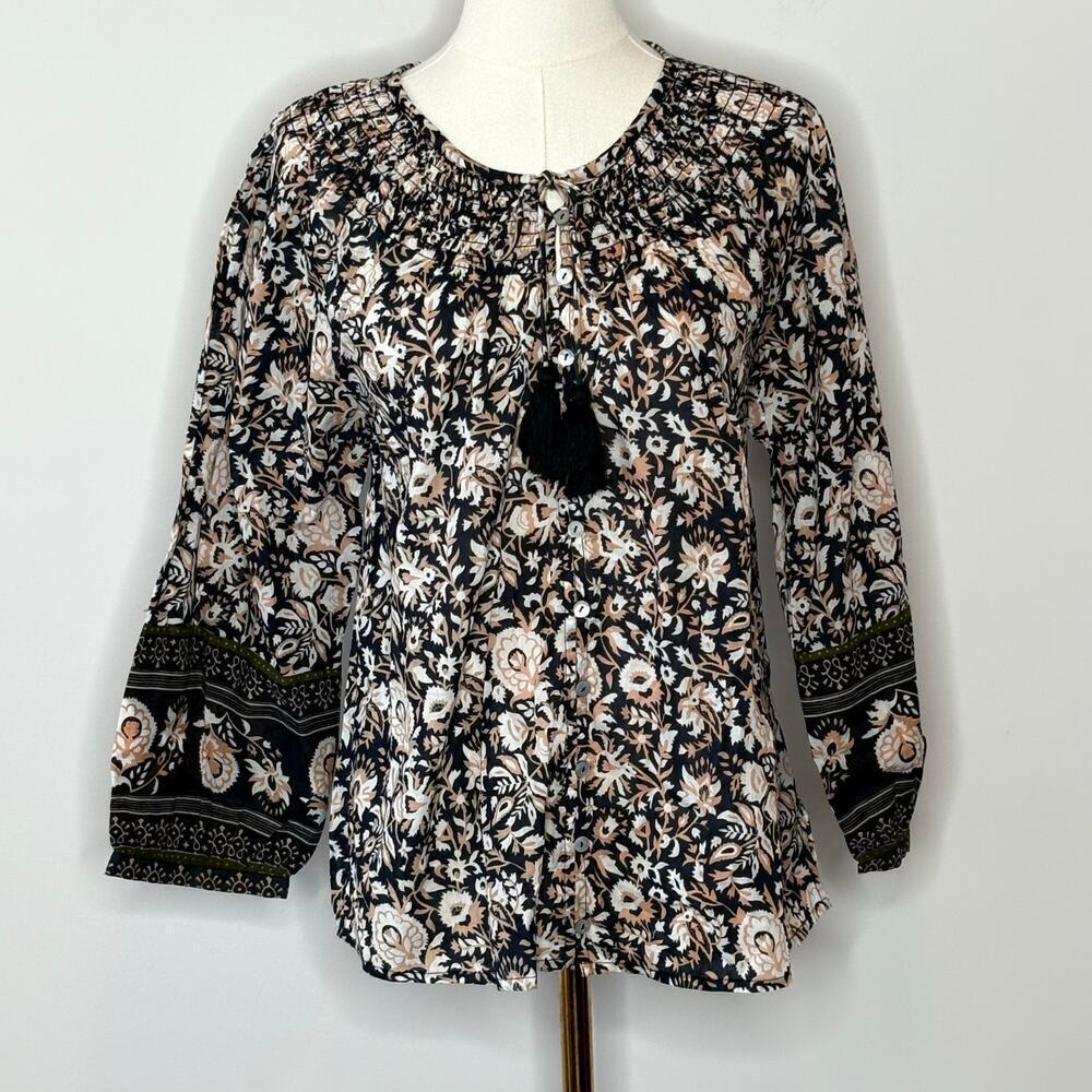 Cleobella Hazel Black & Cream Floral Print Organic Cotton Blouse Womens Size XS